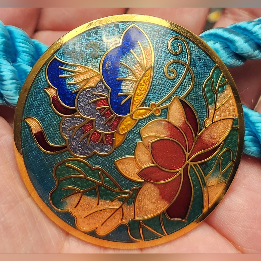 CLOISONNE Enamel Butterfly and Flower Necklace VINTAGE STATEMENT PIECE